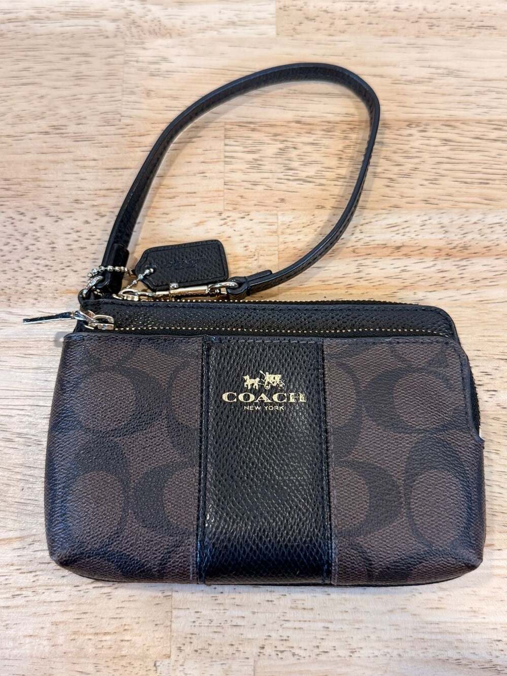 Coach Signature Canvas Double Zip Wristlet in Brown Black